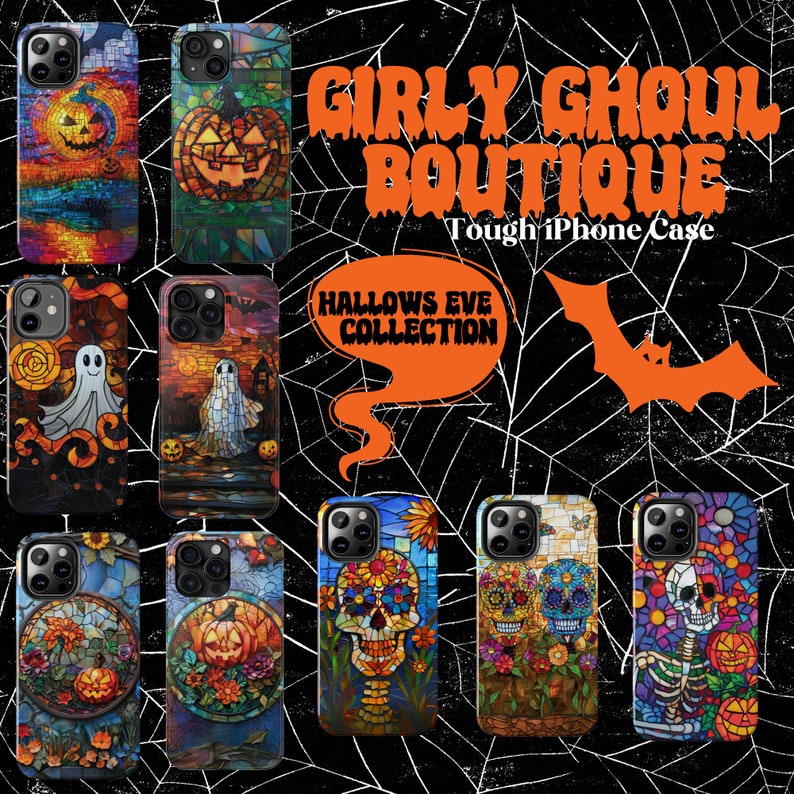 May include: A set of 10 colorful iPhone cases with a Halloween theme. The cases feature stained glass designs with various Halloween imagery, including pumpkins, ghosts, skulls, and skeletons. The text "Girly Ghoul Boutique" and "Hallowe's Eve Collection" is visible on the image.