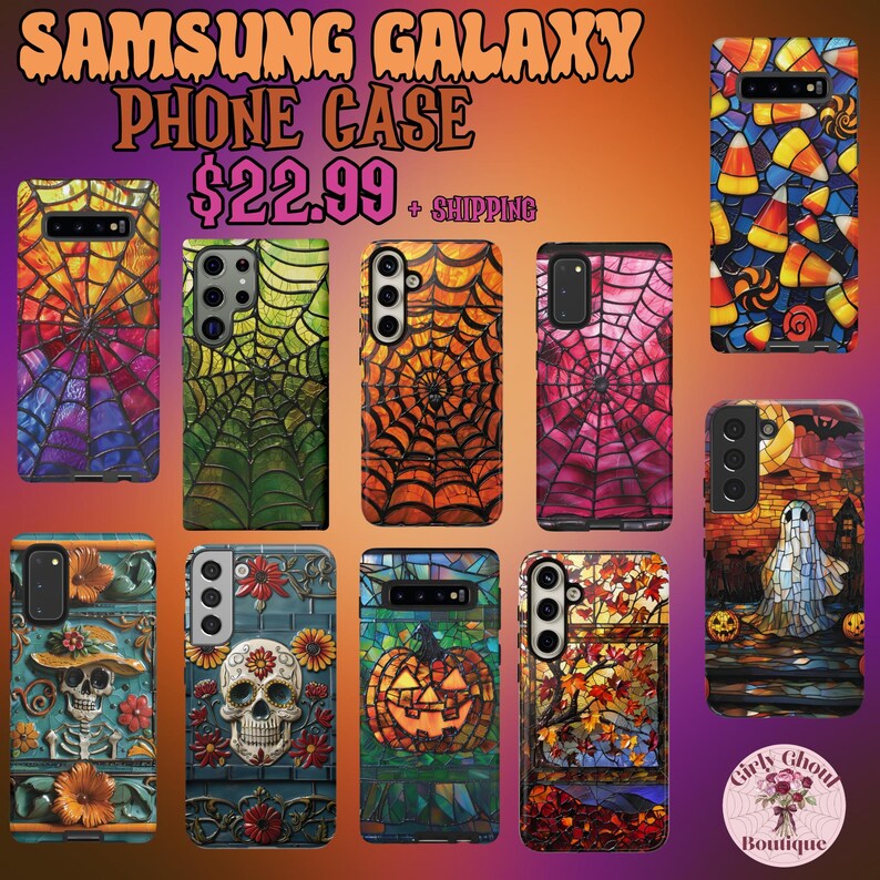 May include: A set of 10 colorful phone cases featuring stained glass designs with Halloween themes. The designs include candy corn, a ghost, a skull, a pumpkin, and spiderwebs. The cases are for Samsung Galaxy phones.