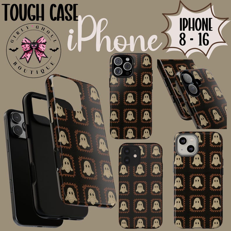 Może przedstawiać: Czarne etui na iPhone'a z powtarzającym się wzorem beżowych duch&oacute;w w brązowych ramkach. Etui są oznaczone jako "iPhone 8-16" i "Touch Case". Widoczne jest r&oacute;wnież logo Girly Ghoul Boutique.