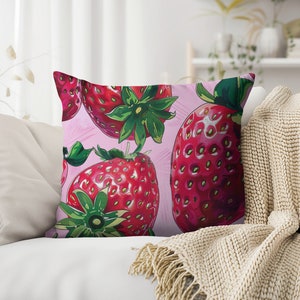 Strawberry Sweetness Square Pillow, Summer Pillow, Coquette Pink Accent Pillow, Housewarming Gifts, Girly Home Decor zdjęcie 2