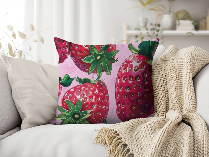 Strawberry Sweetness Square Pillow, Summer Pillow, Coquette Pink Accent Pillow, Housewarming Gifts, Girly Home Decor zdjęcie 2