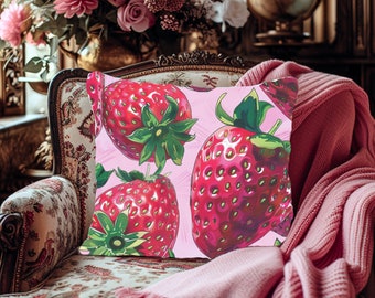 Strawberry Sweetness Square Pillow, Summer Pillow, Coquette Pink Accent Pillow, Housewarming Gifts, Girly Home Decor