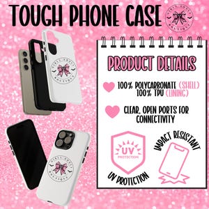 May include: A collection of phone cases in black, white, and gray, with a pink glitter background. The cases feature a logo with a pink bow and the text "Girly Ghoul Boutique." Product details include 100% polycarbonate shell, 100% TPU lining, and UV protection.