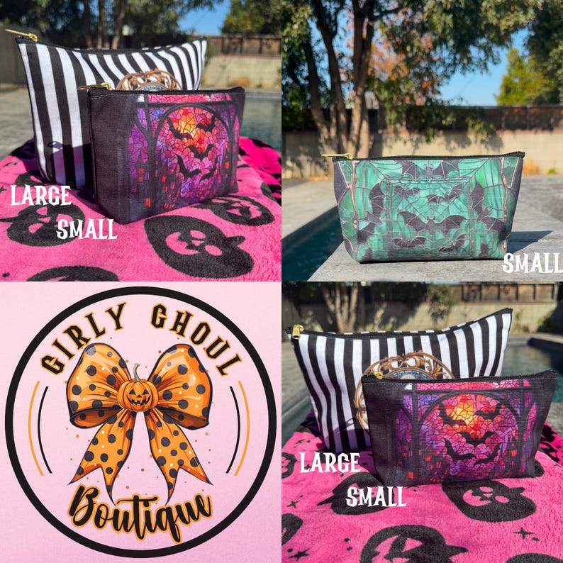 May include: A collection of Halloween-themed cosmetic bags. One bag features black and white stripes, while others display spooky designs with bats and stained glass. The bags are labeled "LARGE" and "SMALL". The "Girly Ghoul Boutique" logo is also visible.