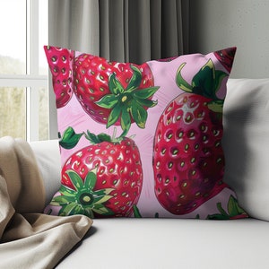 Strawberry Sweetness Square Pillow, Summer Pillow, Coquette Pink Accent Pillow, Housewarming Gifts, Girly Home Decor zdjęcie 4