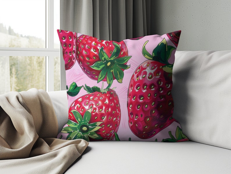 Strawberry Sweetness Square Pillow, Summer Pillow, Coquette Pink Accent Pillow, Housewarming Gifts, Girly Home Decor zdjęcie 4