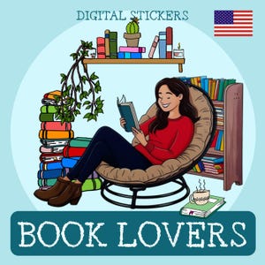 Puede incluir: Adhesivo digital que muestra a una persona leyendo un libro en un sillón cómodo, rodeada de libros y una estantería. El texto "BOOK LOVERS" se muestra en la parte inferior. Una bandera estadounidense está en la esquina superior derecha.