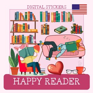 Puede incluir: Conjunto de pegatinas digitales con temática de lectura. La imagen presenta una estantería, una persona leyendo en una silla roja y otra durmiendo en un sofá rosa con un libro en la cara. El texto "HAPPY READER" está en la parte inferior.