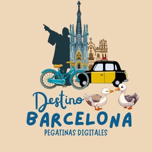 Op de afbeelding: Een digitaal stickerontwerp met een blauwe fiets, een gele taxi, twee witte eenden en een silhouet van een persoon die voor een blauwe en witte kerk staat. De tekst "Destino Barcelona" en "Pegatinas Digitales" is in blauw en wit geschreven.