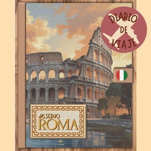 Puede incluir: Una portada de diario de viaje vintage con una ilustración colorida del Coliseo en Roma, Italia. La portada tiene un marco de madera y el texto "Diario de Viaje" y "Destino Roma" en una fuente vintage.
