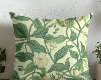 Green Leafs Throw Pillow, Floral Home Decor, Cozy Living Room Accent, Vintage Green Leaf Pattern Cushion for Boho Decor