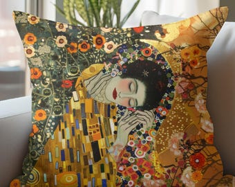 Klimt Inspired Gold Dream Cushion for Cozy Deco, Boho Muse Pillow, Klimt Inspired Decorative Cushion for Peaceful Corners, Artistic Pillow