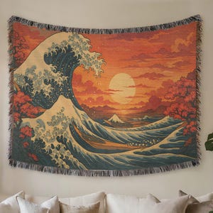 Sunset Great Wave Woven Blanket,  Red Sunset Ocean Throw,  Hokusai Inspired Art Tapestry, Coastal Boho Home Decor, Great Gift Idea, Japanese