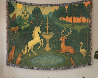 The Last Unicorn Woven Tapestry Blanket: Medieval Fantasy Wall Decor