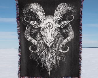 Baphomet Occult Tapestry Woven Blanket, Gothic Pentagram Throw, Dark Art Wall Hanging, Witch decor