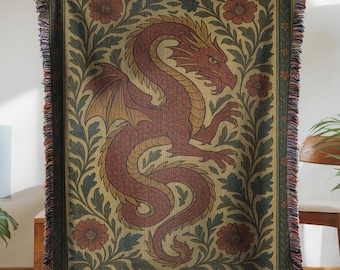 Woven Cotton Dragon Blanket: Gothic Floral Tapestry Throw, William Morris Style Home Decor