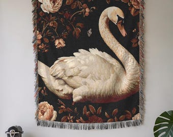 Swan Woven Blanket: William Morris Floral Throw, Boho Bedspread