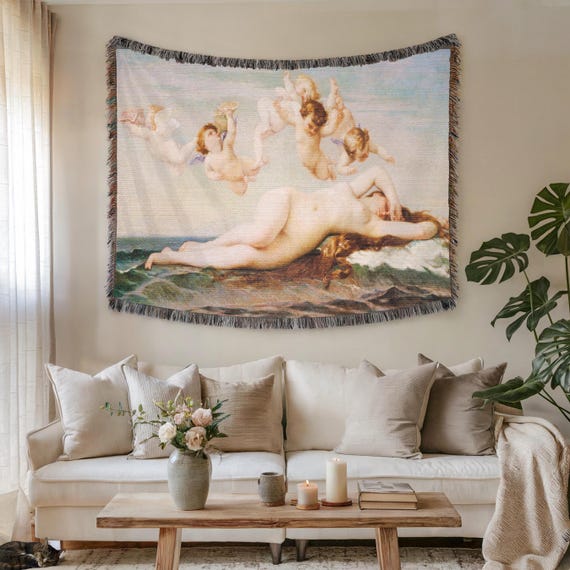 Birth of Venus Woven Cotton Blanket: Luxurious Art Throw Tapestry