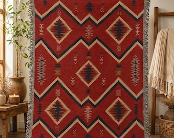 Southwestern Woven Blanket Tapestry, Navajo Style Boho Throw Blanket, Aztec Geometric Wall Hanging, Western Rustic Home Decor