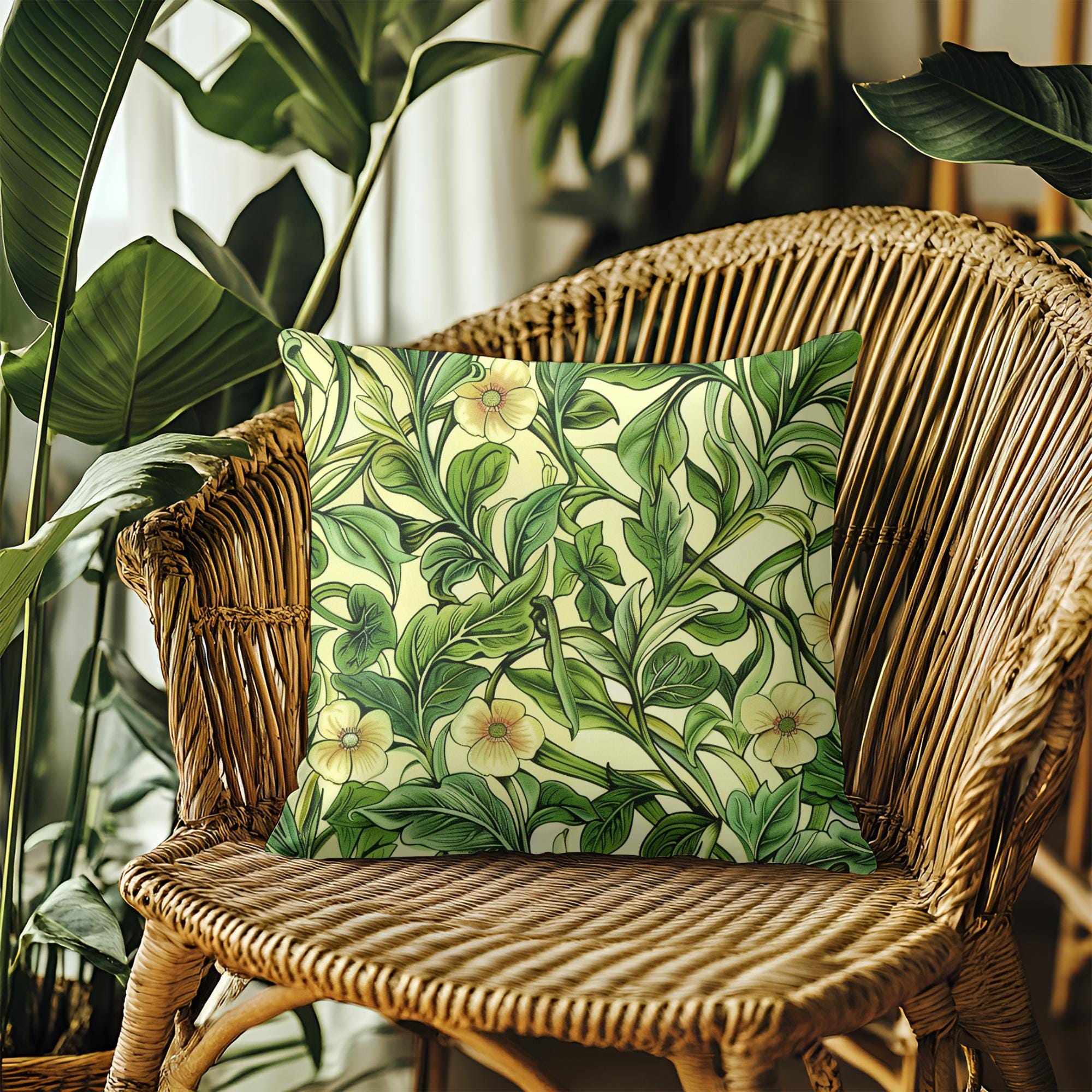 William Morris Inspired Botanical Square Pillow, Decorative Home Cushion, Greenery Accent Pillows, Nature Inspired Decor, Gift Plant Lovers