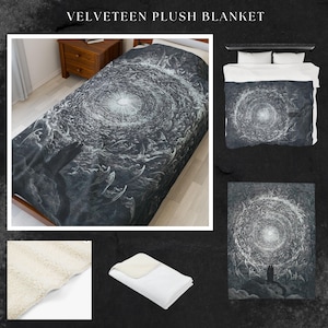 May include: Velveteen plush blanket featuring a detailed black and white illustration of a swirling vortex with figures. The blanket is displayed on a bed, folded, and in a close-up, showcasing the soft texture. The text "VELVETEEN PLUSH BLANKET" is at the top.