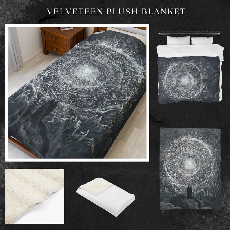 May include: Velveteen plush blanket featuring a detailed black and white illustration of a swirling vortex with figures. The blanket is displayed on a bed, folded, and in a close-up, showcasing the soft texture. The text "VELVETEEN PLUSH BLANKET" is at the top.