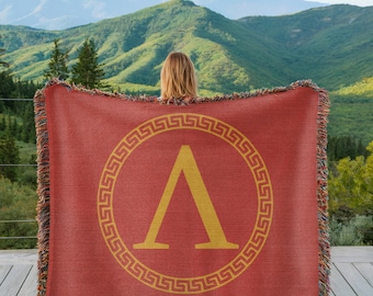 Spartan Emblem Woven Cotton Blanket: Greek History Tapestry