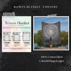 May include: A woven blanket with a black and white design, featuring a central circular pattern and fringed edges. The blanket is made of 100% cotton and is available in multiple sizes, including 37" x 52", 50" x 60", and 60" x 80".