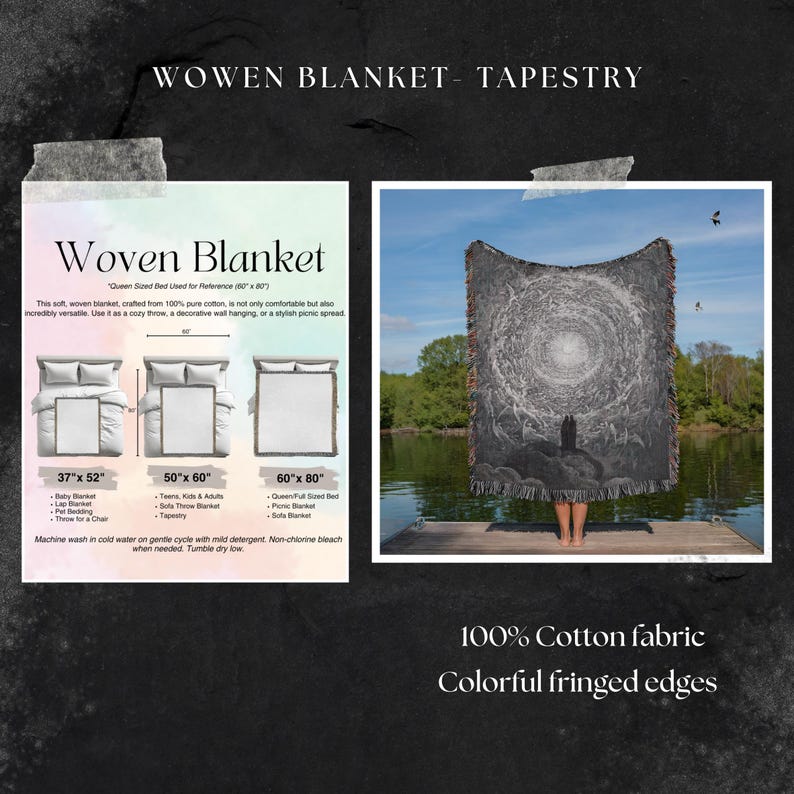 May include: A woven blanket with a black and white design, featuring a central circular pattern and fringed edges. The blanket is made of 100% cotton and is available in multiple sizes, including 37" x 52", 50" x 60", and 60" x 80".