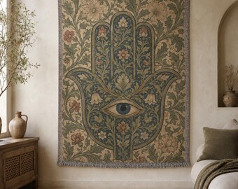 Vintage Floral Hamsa Woven Blanket, Evil Eye Wall Tapestry & Sofa Cover