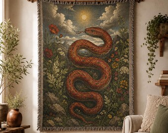 Red Snake Woven Blanket Tapestry, Vintage Botanical Wall Hanging, Gothic Cottagecore Throw