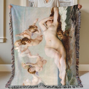 Birth of Venus Woven Cotton Blanket: Luxurious Art Throw Tapestry image 1