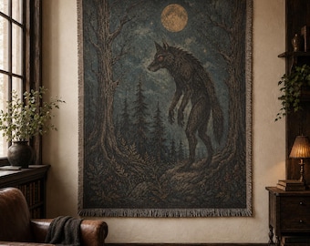 Werewolf Woven Blanket, Gothic Folk Art Forest Tapestry, Couch Cover, Multi-purpose