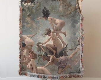 Faust Witchy Woven Blanket, Vintage Gothic Home Decor