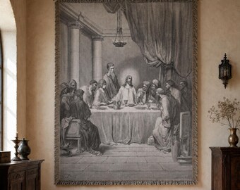 Last Supper Woven Blanket, Monochrome Gustave Doré Christian Art, Wall Tapestry