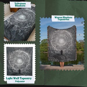 May include: The image showcases three different products: a blanket on a bed, a woven tapestry, and a light wall tapestry. Each features a black and white swirling design with a central light source. The text on the image reads "Velveteen Blankets", "Woven Blankets Tapestries", and "Light Wall Tapestry Polyester".