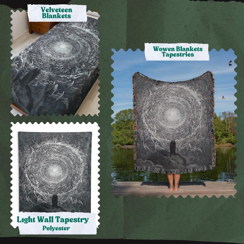 May include: The image showcases three different products: a blanket on a bed, a woven tapestry, and a light wall tapestry. Each features a black and white swirling design with a central light source. The text on the image reads "Velveteen Blankets", "Woven Blankets Tapestries", and "Light Wall Tapestry Polyester".