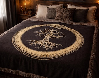 Ouroboros Snake with Tree of Life Woven Blanket, Tapestry, Mythic Symbol Throw