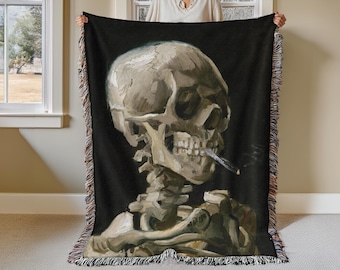 Van Gogh Skeleton Woven Blanket: Gothic Art Decor