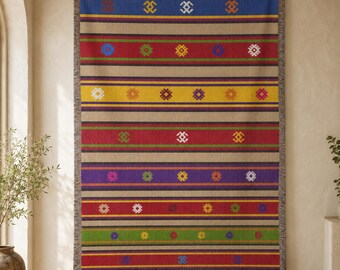 Colorful Anatolian-Inspired Kilim Woven Blanket, Geometric Boho Tapestry