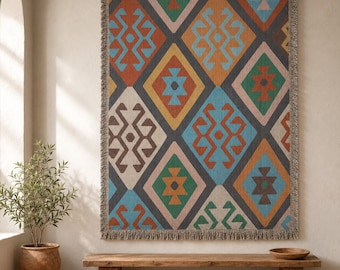 Turkish Rug Pattern Wowen Tapestry & Blanket, Rust and Teal Kilim Design
