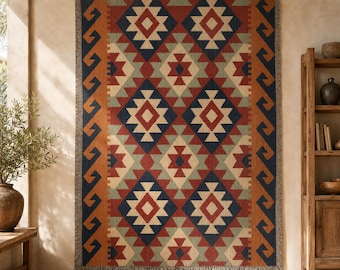 Turkish Kilim Woven Blanket, Rust Navy Geometric Tapestry