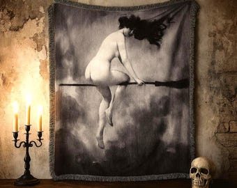 Departure for the Sabbat Tapestry Wowen Blanket: Gothic Witch Decor, Velveteen, Light Tapestry