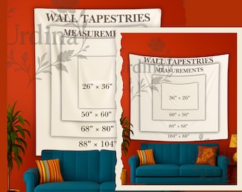Tapestry Size Chart Mockup, Horizontal & Vertical Layout, Listing Photo for Dimensions, Digital Download