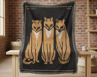 Three Cats Woven Blanket: Julie de Graag Art, Cat Lover Gift, Velveteen Blanket, Tapestry