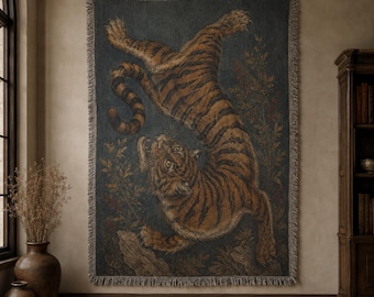 Vintage-Style Tiger Woven Blanket, Dark Academia Wildlife Tapestry