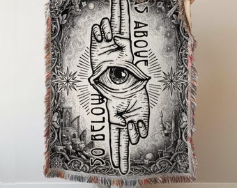 As Above So Below Woven Cotton Blanket: Gothic Witchy Tapestry