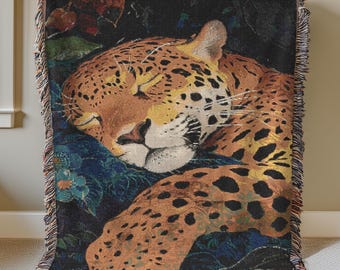 Sleeping Leopard Woven Blanket: Jungle Animal Cotton Throw