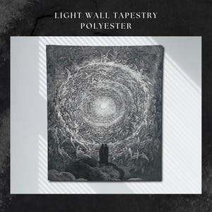 May include: A light wall tapestry made of polyester. The black and white artwork depicts a swirling vortex of figures, with a bright light at the center. The words "LIGHT WALL TAPESTRY POLYESTER" are printed at the top.