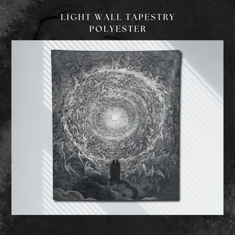 May include: A light wall tapestry made of polyester. The black and white artwork depicts a swirling vortex of figures, with a bright light at the center. The words "LIGHT WALL TAPESTRY POLYESTER" are printed at the top.